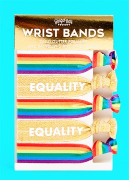Say it louder for the people in the back! <br /><br />Wear these stylish rainbow and gold wristbands with pride and show who you are to the world! Each pack comes complete with 5 wristbands: 3 rainbow and 2 gold with 'Equality' slogan. These cool festival-style wristbands are the perfect accessory for any LGBTQ+ celebration or Pride event, or even just to display your Pride all year round.  <br /><br />These wristbands are made from elastane and measure 2cm high, 10cm wide.